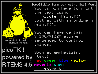 This shows a PicoTK demo screen snapshot, showing a Linux pinguin
        pixmap, and a picoTK terminal box on 320x300 pixels